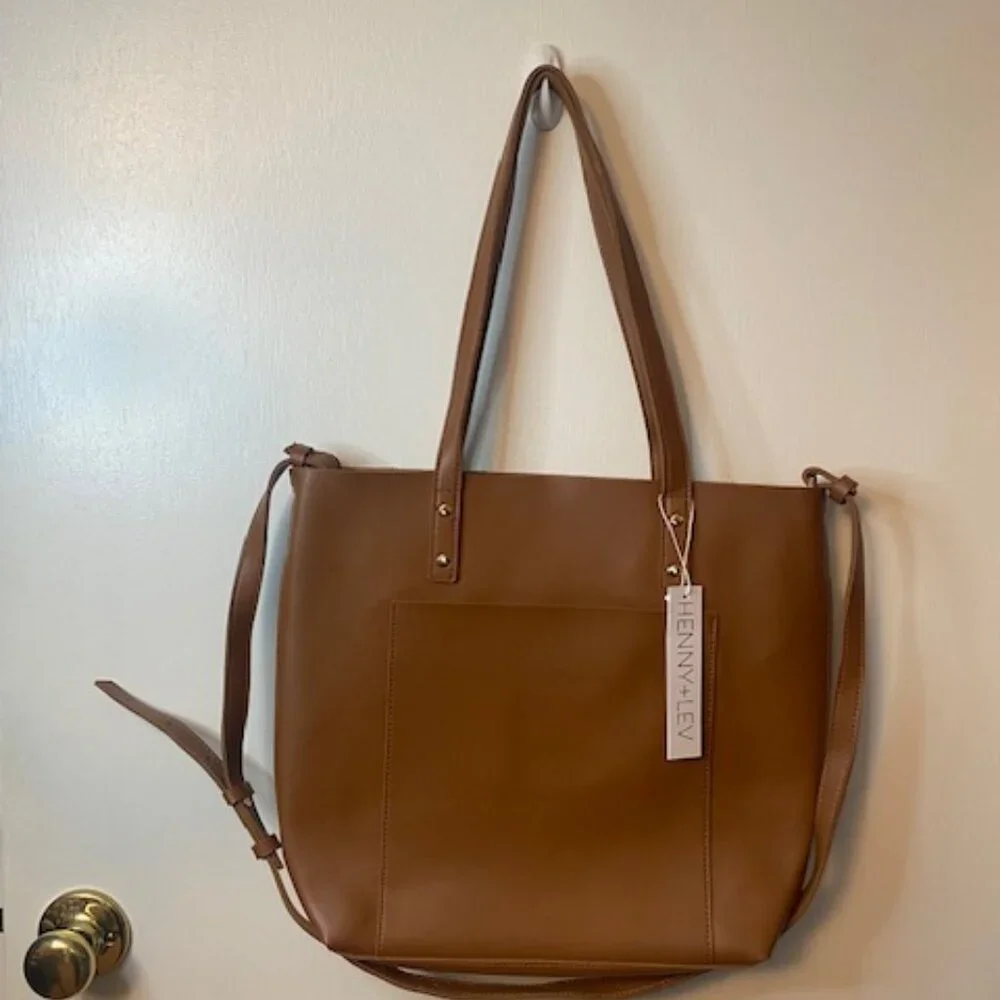 HENNY + LEV Cognac Brown Vegan Leather Everyday Tote Purse Bag Crossbody
